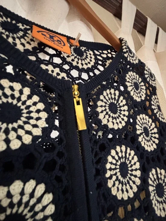 Tory Burch Navy and Cream Floral Zip Cardigan - Picture 2 of 10